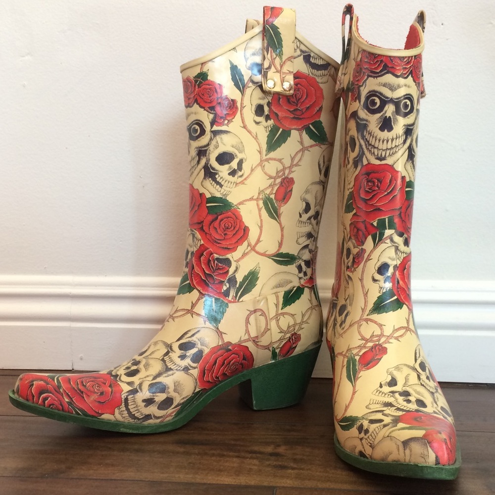 Jeffrey Campbell Cream Boots with Red Roses and Green Soles